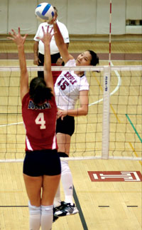 Senior Zhen Jia Liu, the team leader in kills, spikes on Duquesnes Dana McLaughlin in a recent match.